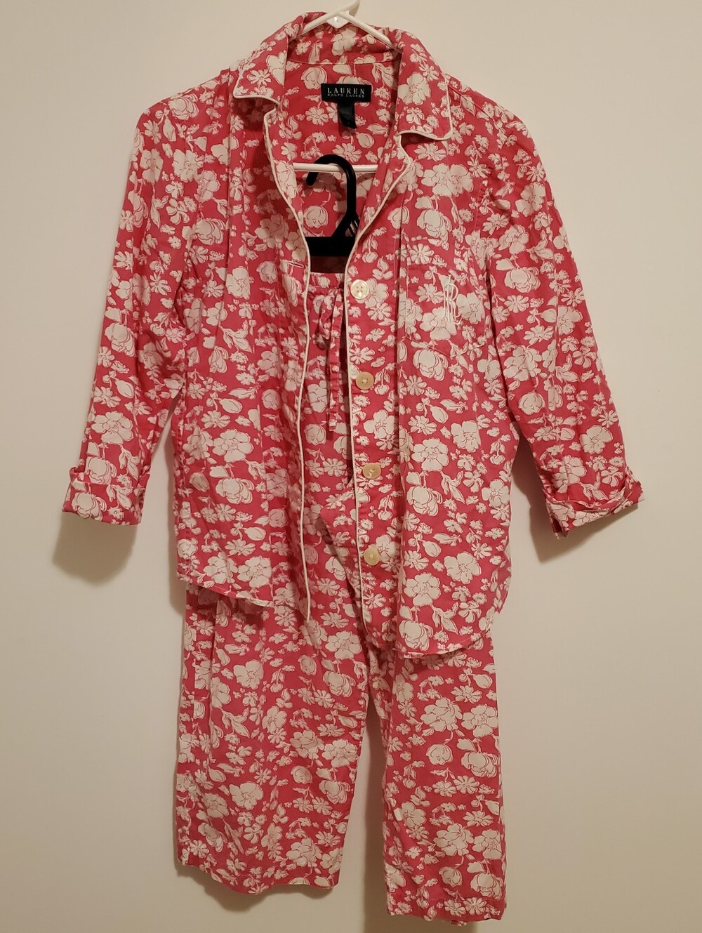 Ralph Lauren Pajama Set Pink White Floral Hibiscus Print Capris Cropped Sleeve
